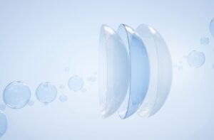 Close-up view of contact lenses floating, a 3D illustration.