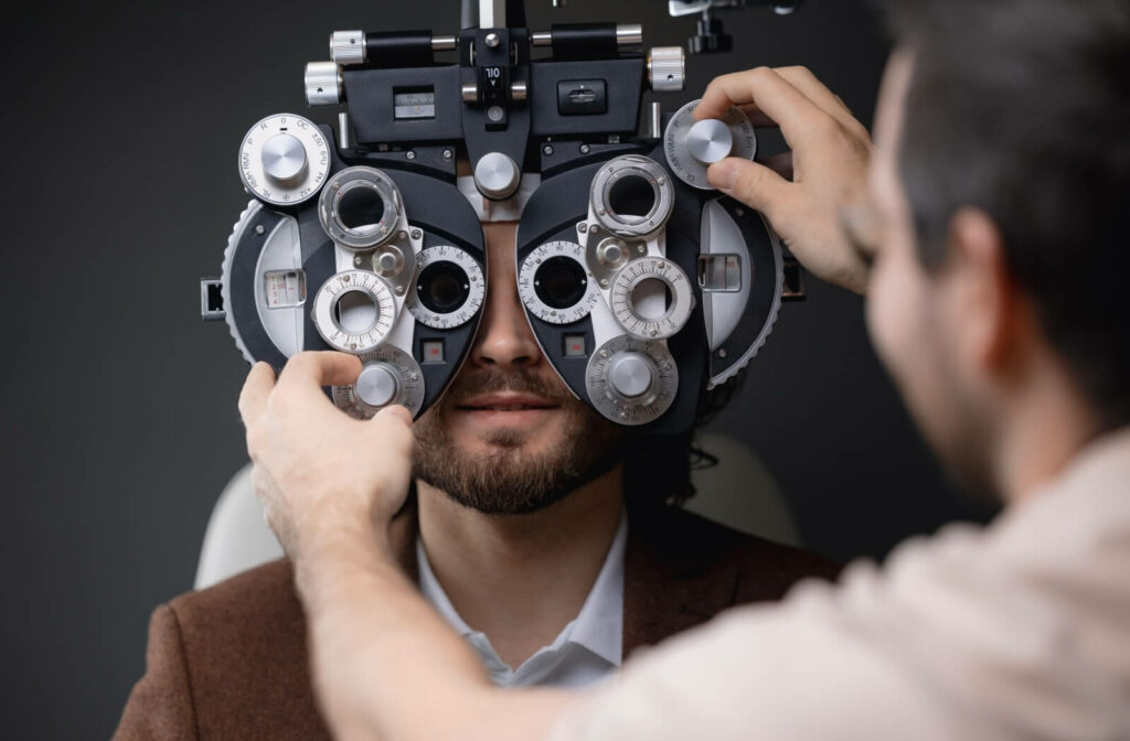 A phoropter is used to determine a patient's vision prescription during their comprehensive eye exam.