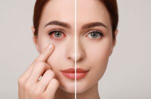 Close-up of eye with redness and irritation compared to a healthy eye, illustrating symptoms often mistaken for pink eye