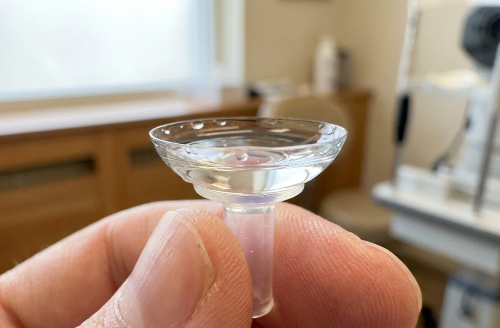 Scleral contact lens being held in an optometry clinic, showing a treatment option that can help improve vision for people with keratoconus.