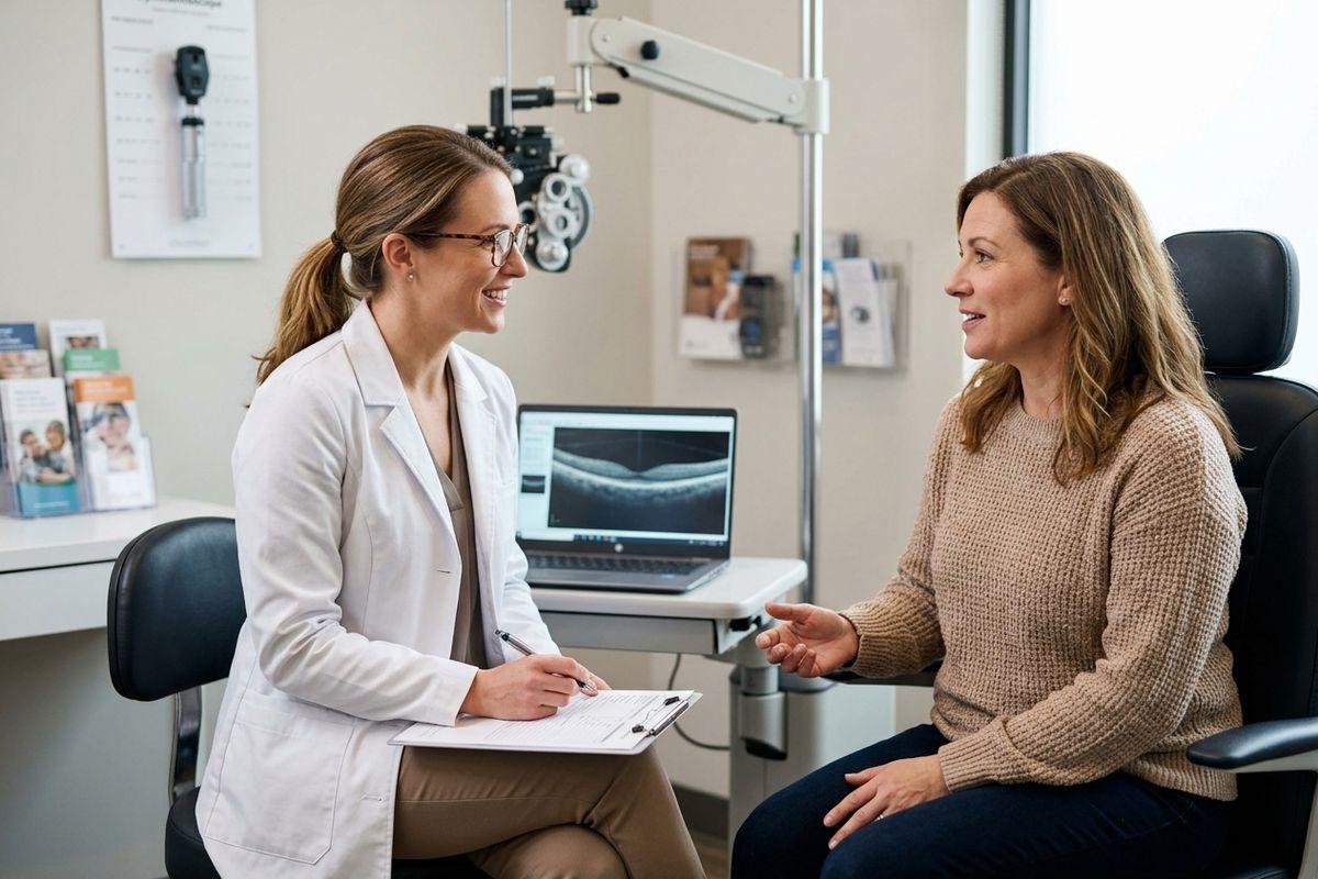Optometrist smiling and taking notes on a clipboard while consulting with a patient seated in an exam chair in an eye clinic.
