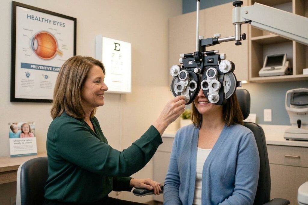 Optometrist adjusting a phoropter in front of a smiling seated patient during an eye exam in a clinic.