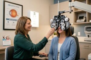 Optometrist adjusting a phoropter in front of a smiling seated patient during an eye exam in a clinic.