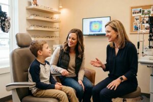 Optometrist speaking with a child and accompanying adult in an eye exam room with frames on display and a phoropter nearby.