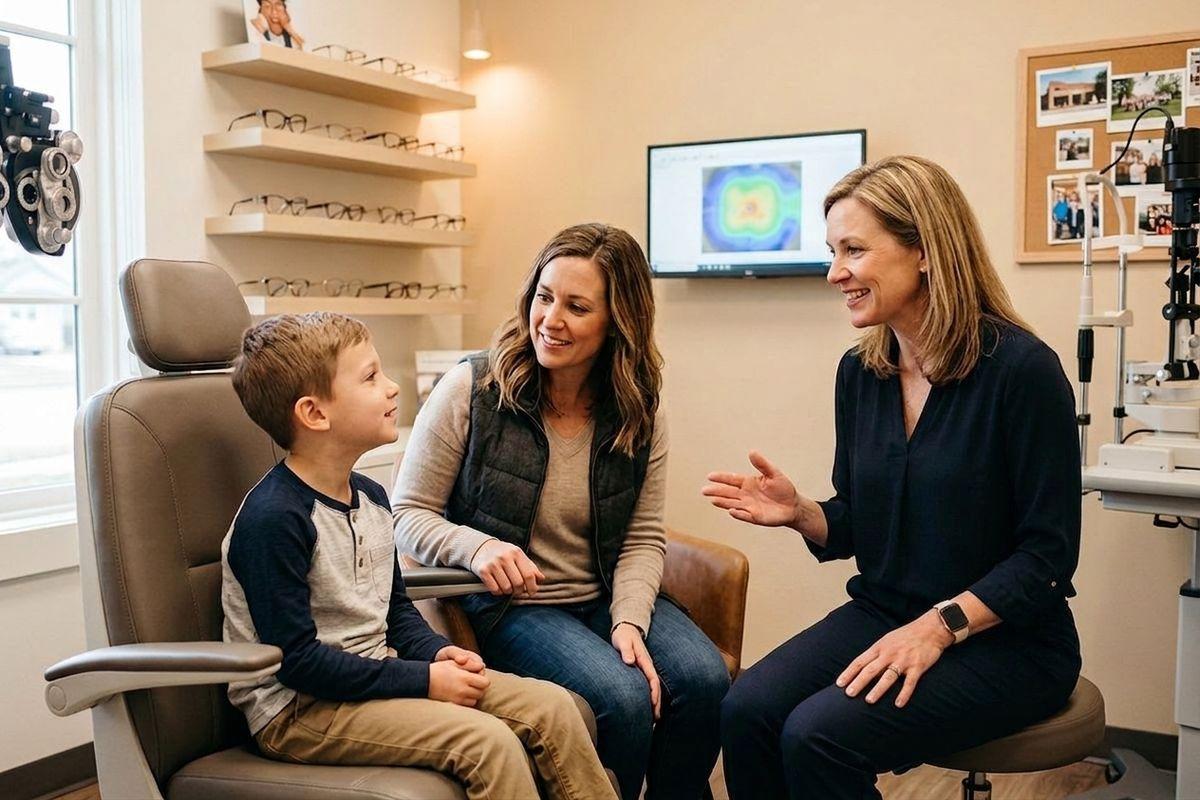 Optometrist speaking with a child and accompanying adult in an eye exam room with frames on display and a phoropter nearby.